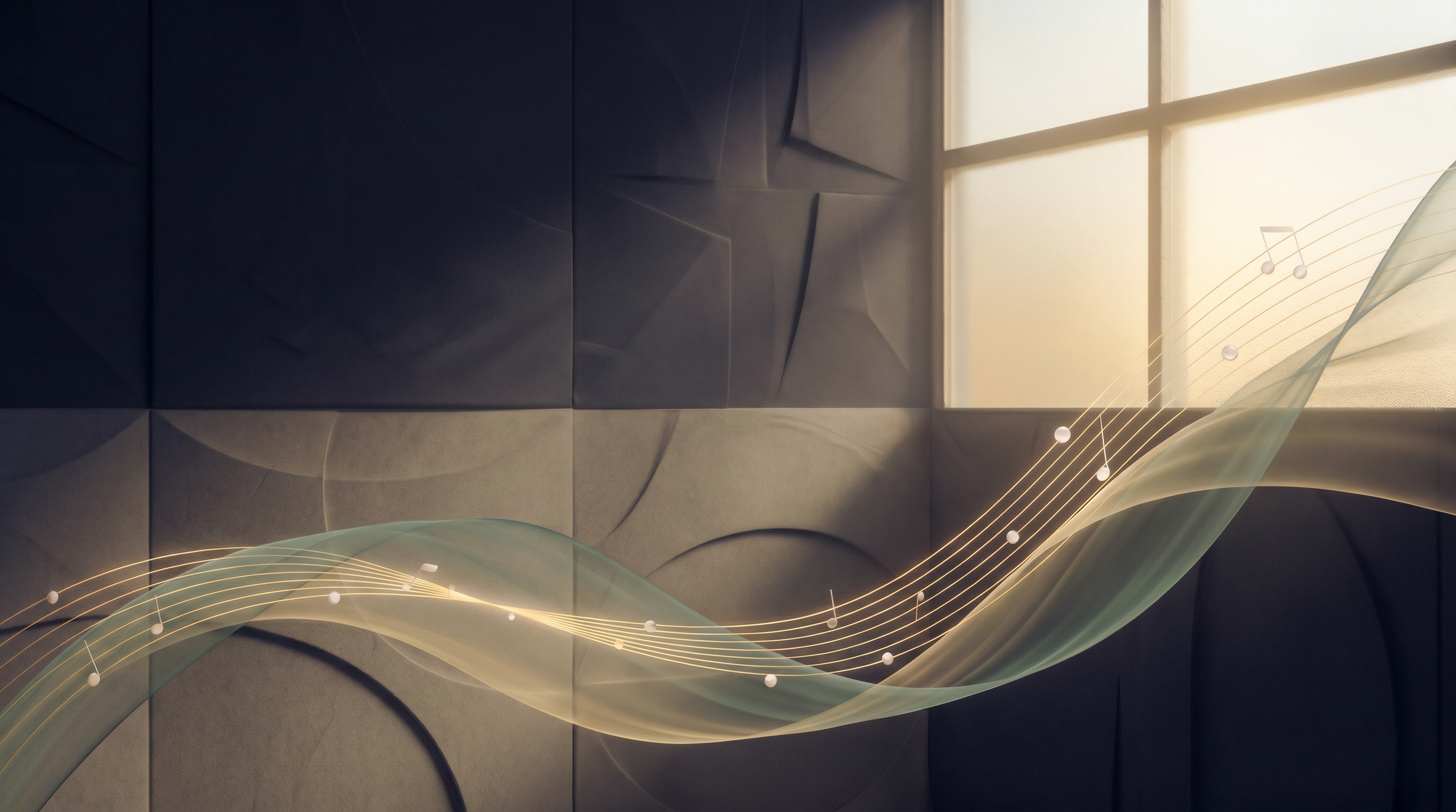 Abstract private vocal studio with waveform ribbons